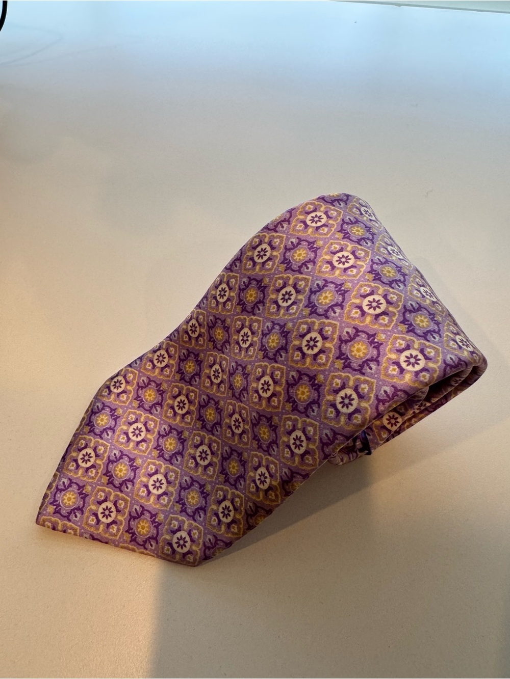 Brioni Lavender and Gold Silk Geometric Floral Tie
